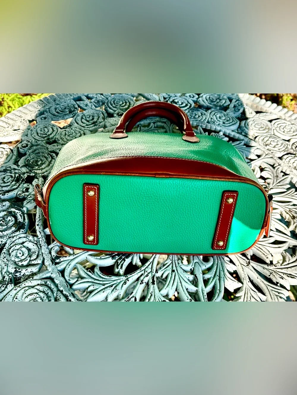 Dooney & Bourke Teal Leather Dome Satchel with Brown Trim